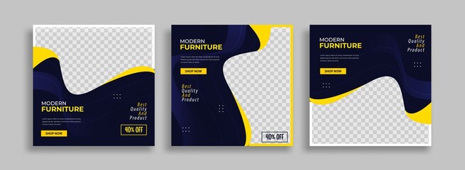 Wall Mural - set of editable minimal square banner template. blue yellow white background color with geometric sh