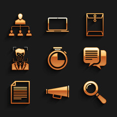 Sticker - Set Stopwatch, Megaphone, Magnifying glass, Chat, Document and Face recognition icon. Vector