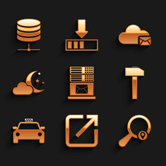 Poster - Set Mail server, Open in new window, Search location, Hammer, Taxi car and Cloud with moon and stars icon. Vector