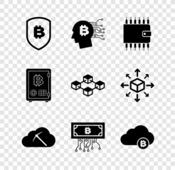 Set Shield with bitcoin, Bitcoin think, Cryptocurrency wallet, cloud mining, circuit and icon. Vector