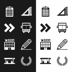 Sticker - Set Bus, Arrow, Hotel building, Triangular ruler, Supermarket, Pencil and line, Laurel wreath and Gas filling station icon. Vector