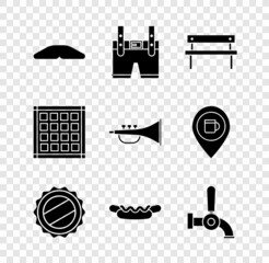 Wall Mural - Set Homemade pie, Lederhosen, Bench, Bottle cap, Hotdog sandwich, Beer tap, Checkered napkin and Musical instrument trumpet icon. Vector