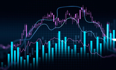 Wall Mural - Blue and violet forex charts in dark blue space