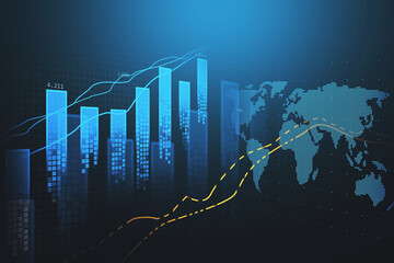 Poster - Blue bar chart with yellow graph details and hologram of world map