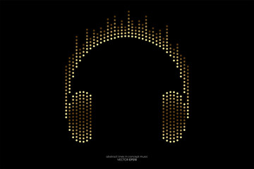 Vector headphone by equalizer dot line pattern gold light color isolated on black background. In concept of music.