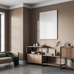 Wall Mural - Banner in the light brown waiting room with sideboard, sofa. Corner view.