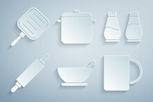 Set Mortar And Pestle, Salt Pepper, Rolling Pin, Coffee Cup, Cooking Pot And Frying Pan Icon. Vector