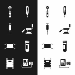 Sticker - Set Medical dental chair, Syringe, Electric toothbrush, digital thermometer, protective mask, Test tube with blood, Blood pressure and Stretcher icon. Vector