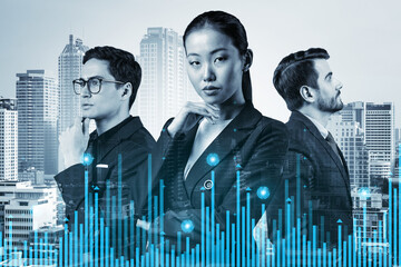 Wall Mural - Group of business colleagues in suits as a part of multinational corporate team working on forecasting trading corporate strategy at fund. Forex chart. Bangkok on background. Double exposure