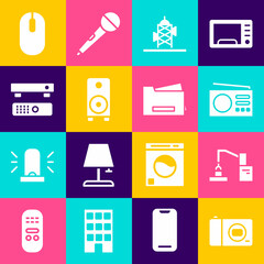 Sticker - Set Photo camera, Robotic robot arm hand factory, Radio, Antenna, Stereo speaker, Multimedia TV box, Computer mouse and Printer icon. Vector