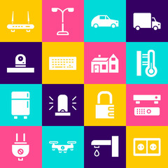 Sticker - Set Electrical outlet, Multimedia and TV box, Meteorology thermometer, Car, Keyboard, Security camera, Router wi-fi signal and House icon. Vector