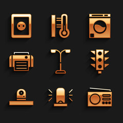 Sticker - Set Street light, Flasher siren, Radio, Traffic, Security camera, Printer, Washer and Electrical outlet icon. Vector