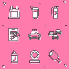 Sticker - Set Bulletproof vest, Hand grenade, Fire extinguisher, Petition, Police car flasher, Traffic jam, Pepper spray and Lying burning tires icon. Vector