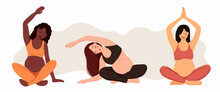 Three Pregnant Women Different Ethnicity. Pregrant Yoga And Meditation Concept, Vector Illustration