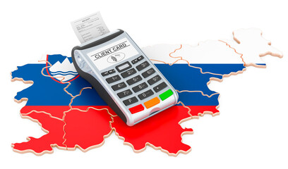 Slovenian map with POS terminal. Cashless payments in Slovenia concept. 3D rendering