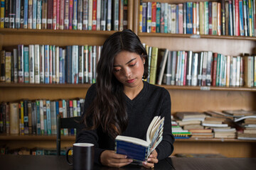 Poster - Portrait of a young Malaysian brunette woman reading a book in the library