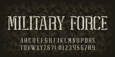 Poster - Military Force alphabet font. Stencil letters and numbers on a dark camo background. Vector typeface for your design.
