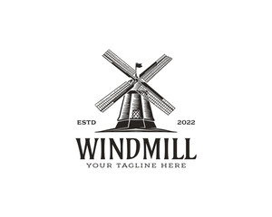 Sticker - Vintage Rustic Windmill Logo Vector Illustration. Bakery Emblem Design on White Background