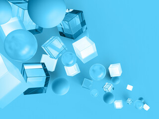 Fototapete - 3D rendered cube and ball shapes in blue colors floating in dynamic sizes. Illustration of structure, flow movement, or virtual motion. Visualization of fractal abstraction.
