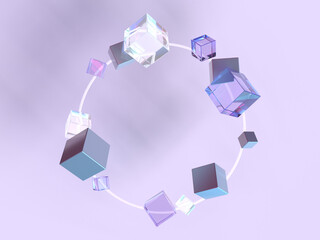 Fototapete - 3D rendered block and sphere shapes on a purple background floating on a circle. Illustration of structured data, circle processes, or conceptual visualization. 