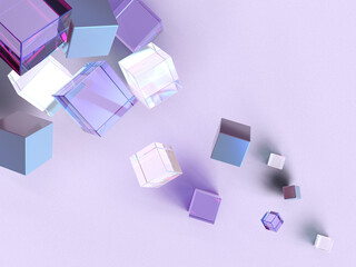 Fototapete - 3D rendered block shapes on a light purple background floating in dynamic sizes. Illustration of structured data, information transfer, or virtual exchange. Visualization of network movement.