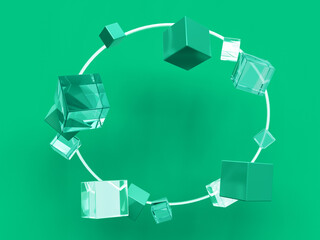 Fototapete - 3D rendered block and sphere shapes on a green background floating on a circle. Illustration of structured data, circle processes, or conceptual visualization.