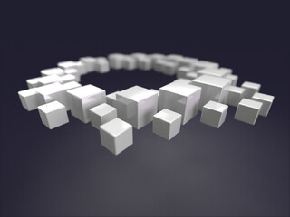 Fototapete - 3D rendered squares of different sizes on dark background. Illustration of structure, data or digital flow. Visualization for information and contemporary frames.