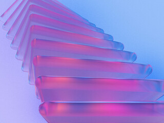 Fototapete - 3D rendered squares in different sizes with a transparent material on a blue and purple background. Illustration of structured data, digital flow, or fragmental visualization. 