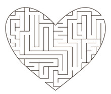 Vector Heart Shaped Maze Template. Blank Black And White Labyrinth Isolated On White Background. Preschool Printable Educational Activity Or Game Sample. Saint Valentine Day Puzzle.