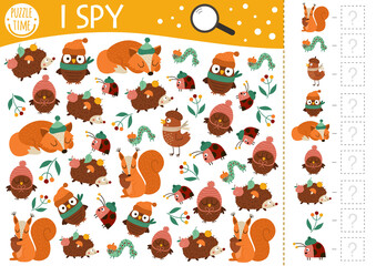 Wall Mural - Autumn forest I spy game for kids. Fall searching and counting activity for preschool children with woodland animals, birds, insects. Funny printable worksheet for kids. Simple spotting puzzle..