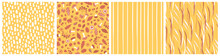 Collection Of Red Yellow Forest Elements Seamless Patterns. Vector Leaves Oak Maple Aspen Apple Orange Mushrooms Amanita Viburnum Mulled Wine Spices Cinnamon Boletus Porcini Ash Berries