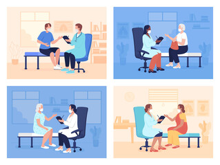 Aufkleber - Routine doctor appointment flat color vector illustrations set. Visiting health center and local hospital. Patient and physician 2D cartoon characters collection with consulting room on background