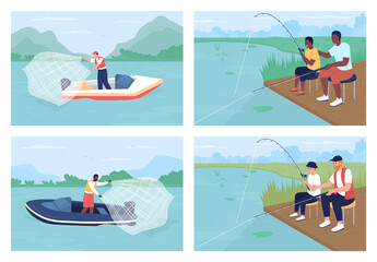 Poster - Recreational fishing flat color vector illustrations set. Family-friendly pastime. Trawling. Father with son on pier. Anglers 2D cartoon characters collection with pond, river on background