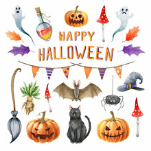 Halloween Elements Collection. Hand Drawn Autumn Fall Festive Halloween Element Set. Watercolor Illustration. Jack Head Pumpkin, Black Cat, Bat, Ghost, Broom On White Background