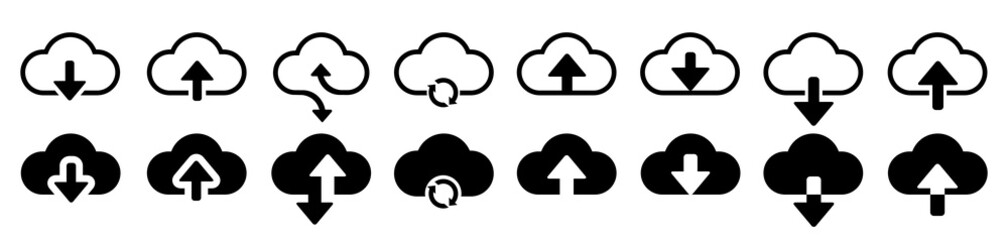 Poster - Set cloud download and upload icons. Flat sign for mobile and web design. Cloud with arrow up and down simple outline and filled sign - stock vector