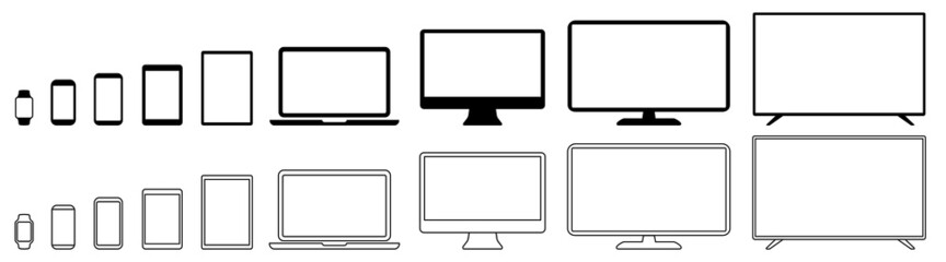 Poster - Set technology line devices icon: TV monitor, computer, laptop, tablet, smartphone, watch icons. Outline mockup electronics devices monitor lines simple isolated - vector