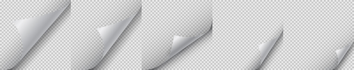 Poster - Set blank page with curled corner and shadow, page curl with shadow on blank sheet of paper, corner of sheet of paper – vector