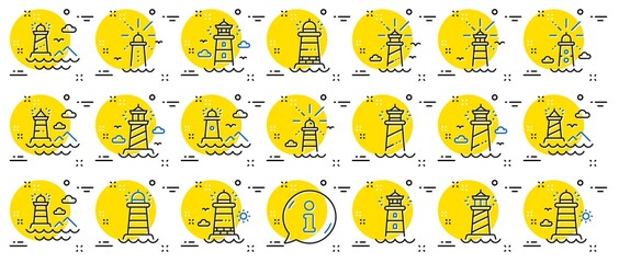Poster - Lighthouse line icons. Searchlight tower with seagull for marine navigation of ships. Sea pharos, lighthouse or beacon icons. Ocean waves, nautical building, marine house. Info center bubble. Vector