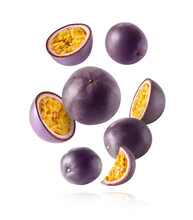 Fresh Ripe Passion Fruit Falling In The Air