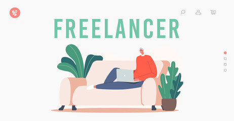 Wall Mural - Freelancer Landing Page Template. Senior Relaxed Man Working on Laptop Sitting Cozy Couch. Freelance Outsourced Employee