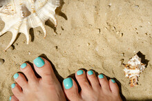 Summer Beach Concept With Female Legs And Shells On Sand. Turquoise Nail Polish. Nice Pedicure Fingers. Health And Body Care. Place For Your Text.