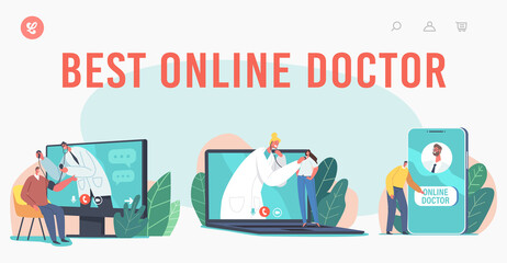 Wall Mural - Best Online Doctor Landing Page Template. Patients Characters Use Distant Medical Consultation via Internet Huge Device