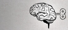Abstract Brain Sketch With Wind-up Mechanism On Concrete Wall Background With Mockup Place. Intelligence, Strategy, Knowledge, Psychology And Solution Concept.