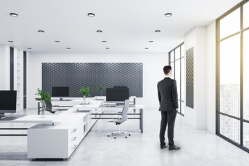 Poster - Businessman standing in modern bright coworking office interior with window and city view, daylight, furniture and equipment.