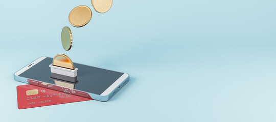 Aufkleber - Creative image of smartphone with credit card and abstract coins on blue background with mock up place for your advertisement. Cash back and digital banking concept. 3D Rendering.