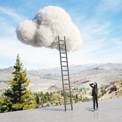 Canvas Print - Businesswoman looking at ladder leading to cloud on blue sky and beautiful landscape background. Up and success concept.