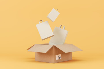 Poster - Carton box with shopping bags on peach background. Delivery service concept. 3D Rendering.