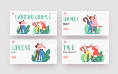 Wall Mural - Couple Dancing Landing Page Template Set. Men and Women Characters Active Sparetime, Lifestyle, Lovers or Friends Dance