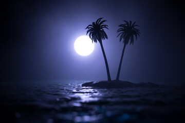 Wall Mural - Futuristic night landscape with abstract landscape and island, moonlight, shine. Dark natural scene with reflection of light in the water, neon blue light. Dark neon circle background. Pyramids