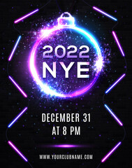 Wall Mural - 2022 New Year Eve Party Celebration Poster Template. Neon Lights Line Bulb Number and Christmas Ball on Black Brick Background. Bright Neon Holiday Vector Illustration with Glowing Decorative Frame.